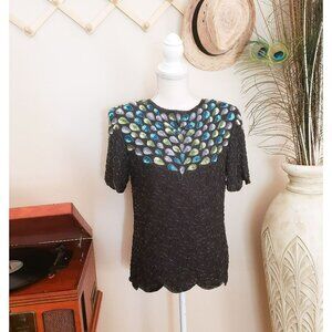 𝅺VTG Leslie Fay Black Sequined Beaded Peacock Blous